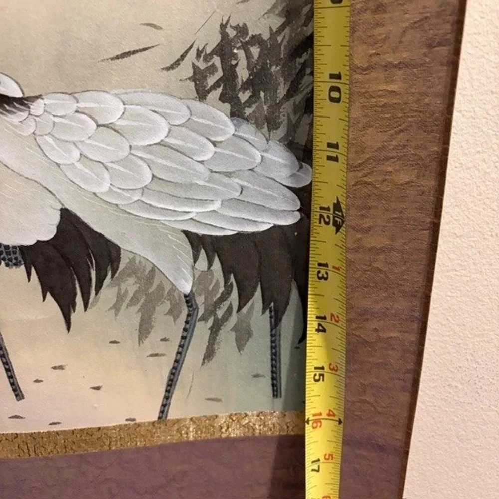 Japanese Scroll Wall Hanging Beige Crane Moon Silk Kakejiku Art Decor